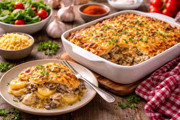 Чередую слоями картошку, курицу и грибы &mdash; и на час в духовку. Готовим запеканку: сытная, простая и уютная